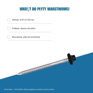Wkręt do płyty warstwowej Info-GLOBAL ARW 0 CSG 6,4/7,0×100 mm, kolory RAL, 100 szt.